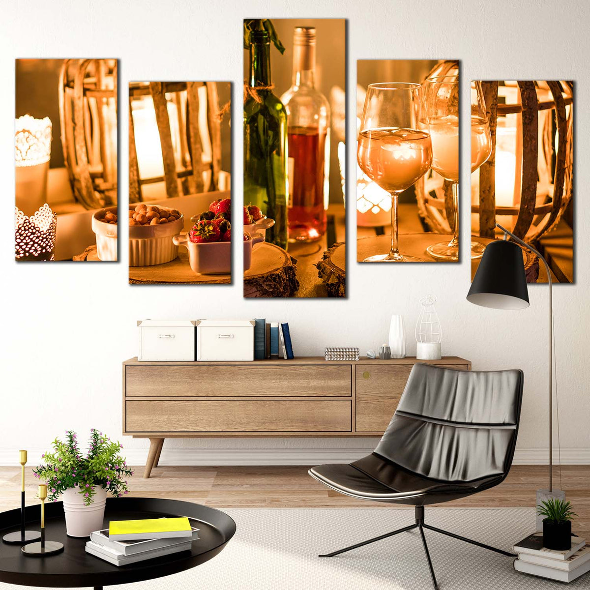 Cosy Wine Canvas Print, Evening Wine Multiple Canvas, Green Wine Bottl 