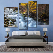 Load image into Gallery viewer, Forest Waterfall Canvas Print, Yellow Pine Autumn Mountain Waterfall Canvas Set, White Sichuan China Falls 4 Piece Canvas Wall Art