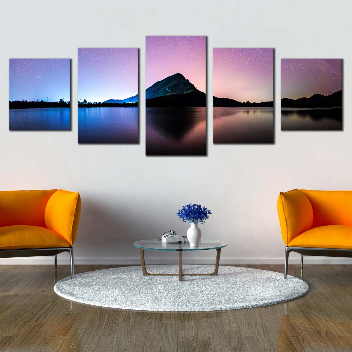 Landscape Mountain Canvas Wall Art, Blue Landscape Night Galaxy 5 Piece Multi Canvas Artwork, Thailand Purple Sky Sea Canvas Print-1