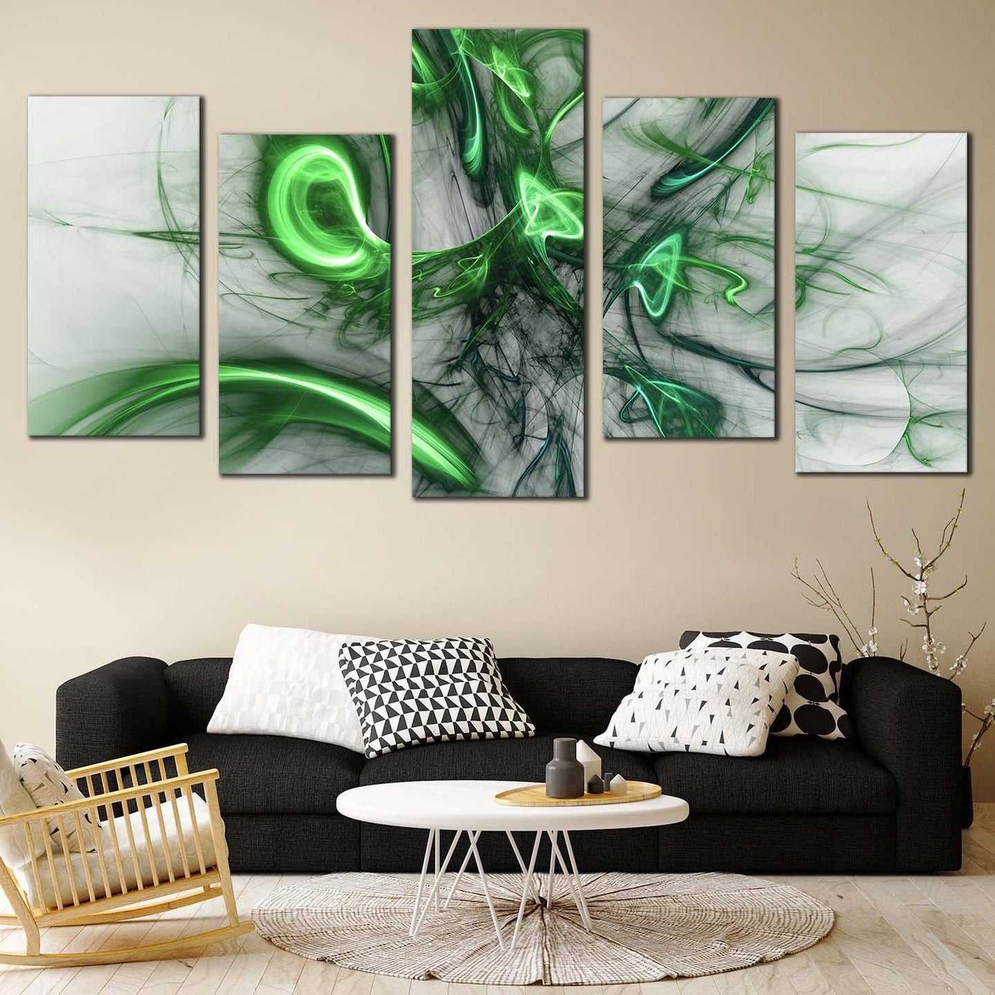 Abstract Patterns Canvas Wall Art, Green Bright Abstract Multiple Canvas, White Abstract Electric Fractals 5 Piece Canvas Print