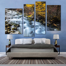 Load image into Gallery viewer, Forest Waterfall Canvas Print, Yellow Pine Autumn Mountain Waterfall Canvas Set, White Sichuan China Falls 4 Piece Canvas Wall Art
