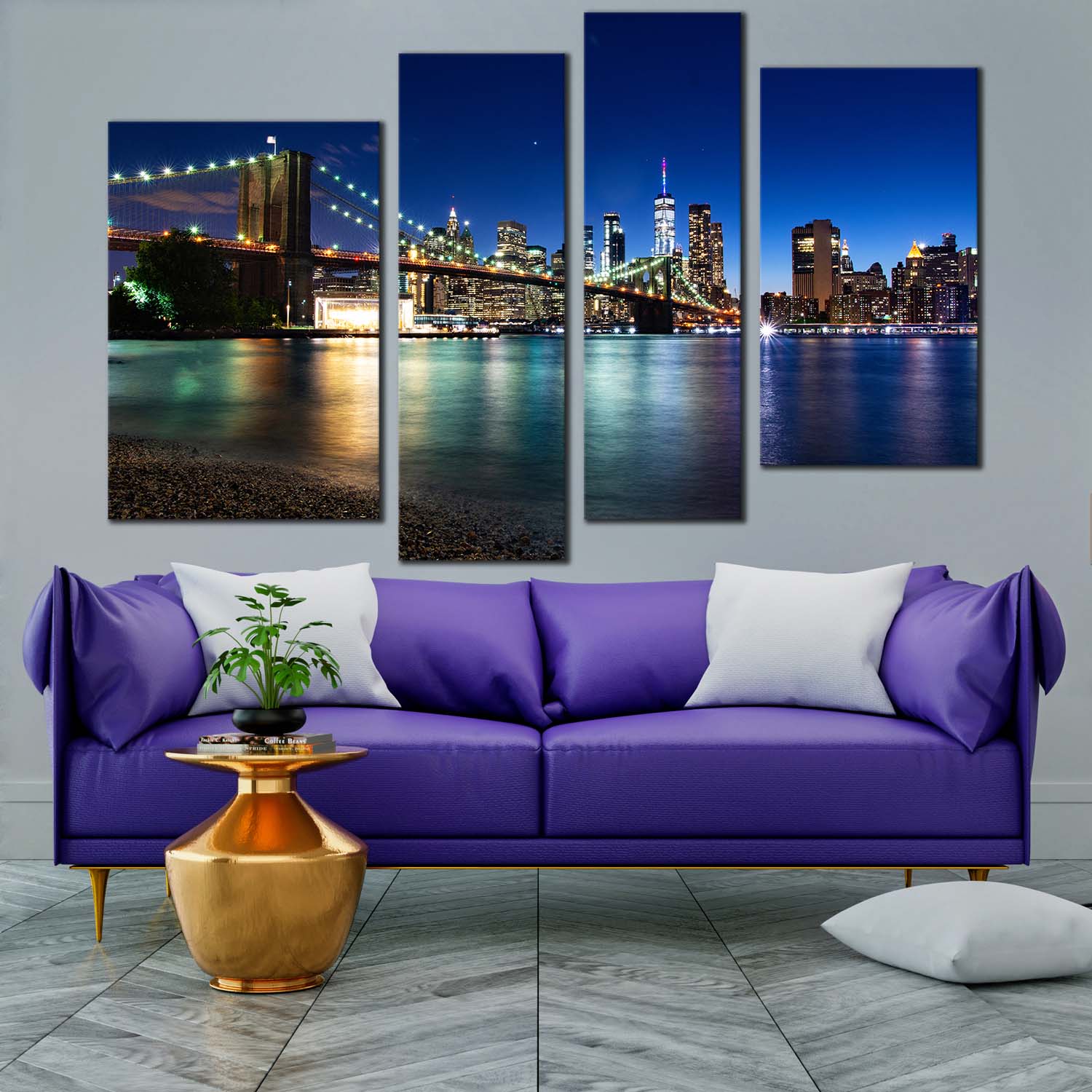 New York Canvas Wall Art, Beautiful NYC Night 4 Piece Canvas, Blue Sky  Brooklyn Bridge Canvas Print, Black Manhattan Cityscape Multiple Canvas