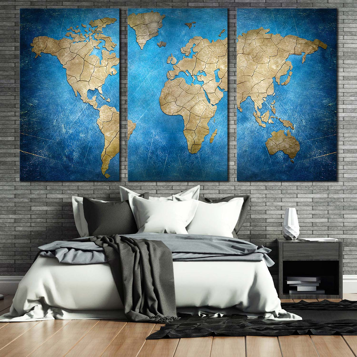 World Map Canvas Wall Art, Blue Flat Earth 3 Piece Canvas, Brown Abstr 