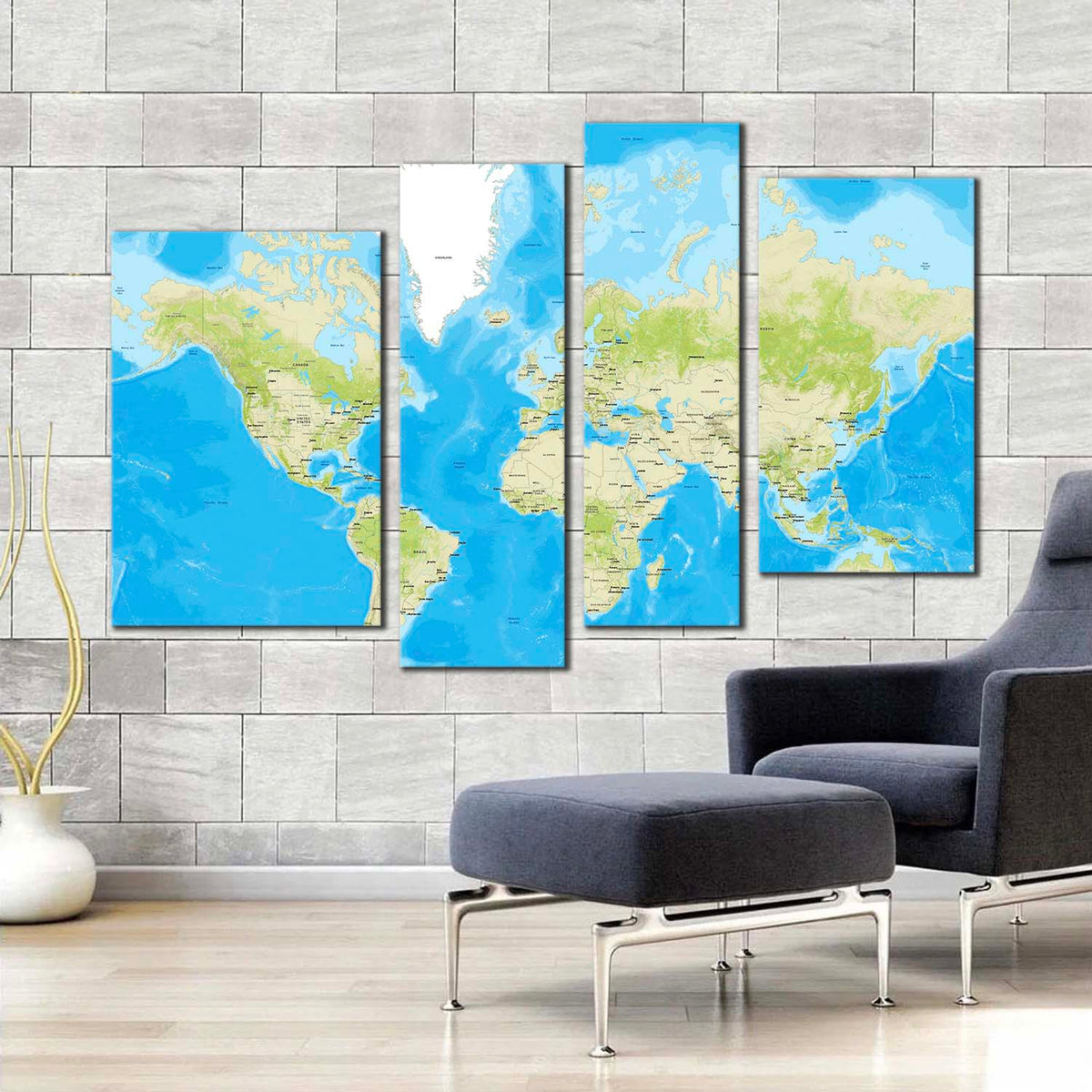 World Map Canvas Wall Art, Detailed Green Earth Map 4 Piece Canvas Pri ...